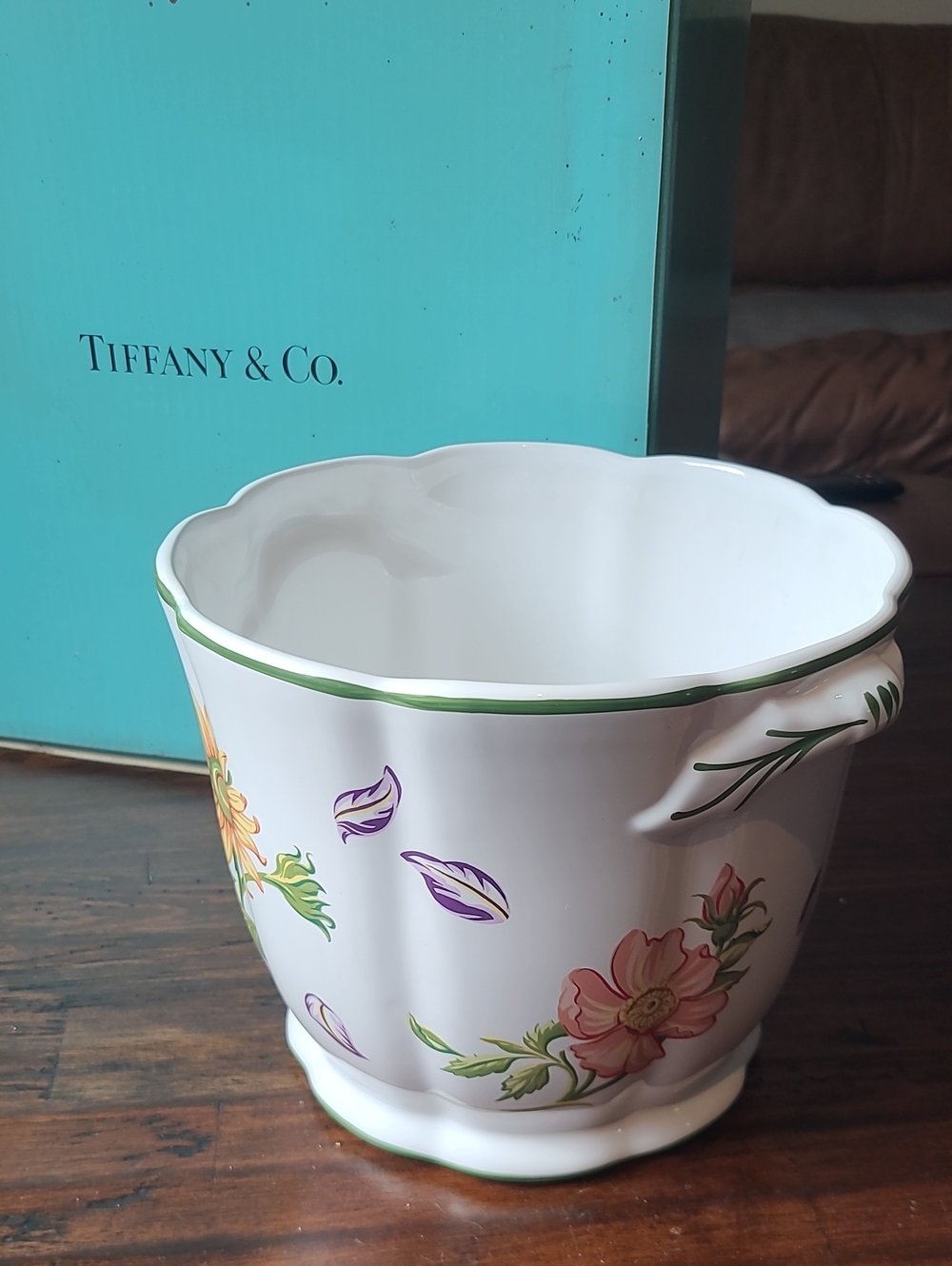 Tiffany & Co. White Ceramic Floral Ice Cooler with Green Trim